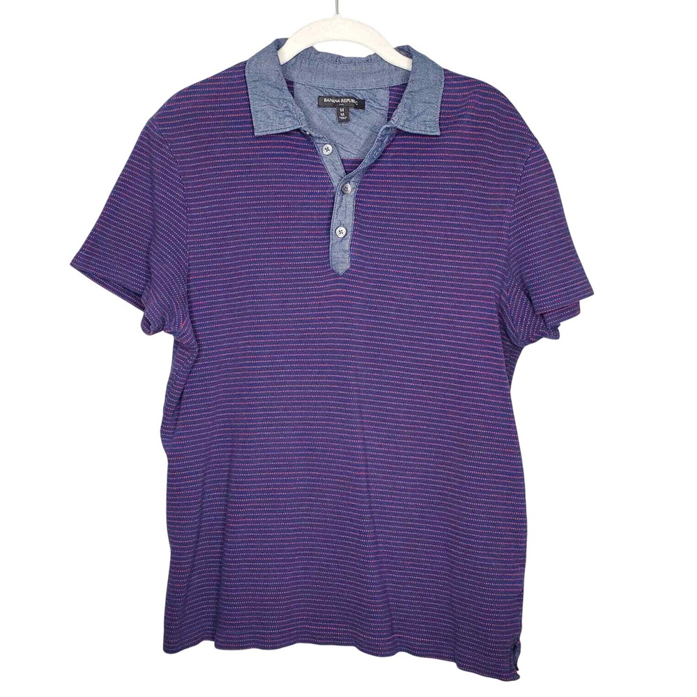 Banana Republic navy blue polo shirt men's sz M striped 100% cotton short sleeve